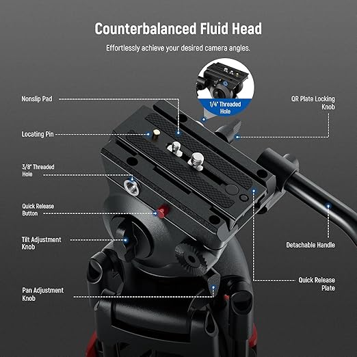 NEEWER Basics 74" Video Tripod with Fluid Head, Metal Camera Stand, TP37 | Smooth Friction Damping, Mid Level Spreader, Quick Release Plate Compatible with Manfrotto 501, Max Load 17.6lb - Image 5