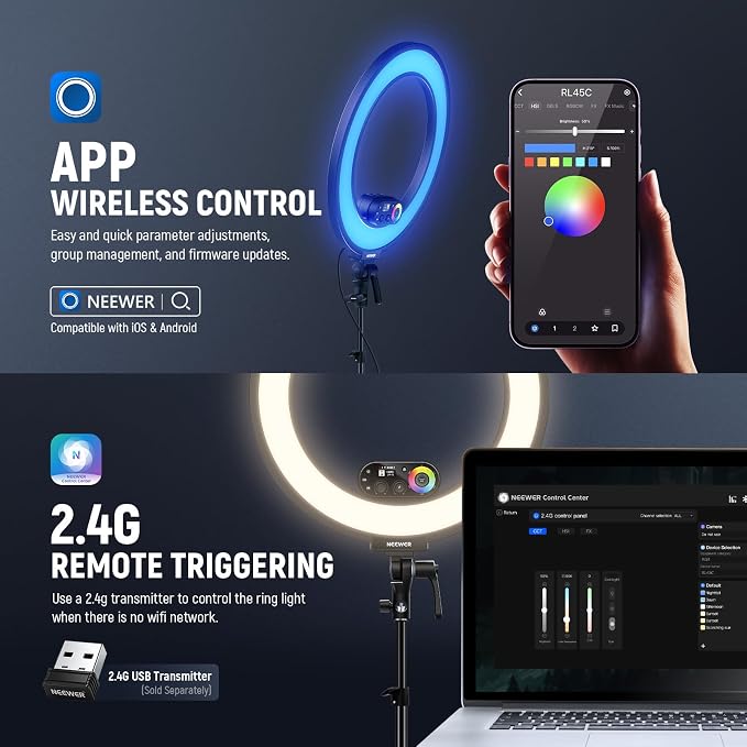 NEEWER RL45C 18" Edge Lit 45W RGB LED Ring Light with Phone Tripod Stand Remote CRI95+ 3100lux/0.5m 2500K–10000K 360° Full Colors App/2.4G Control Compatible with iPhone Selfie Makeup Video Recording - Image 5