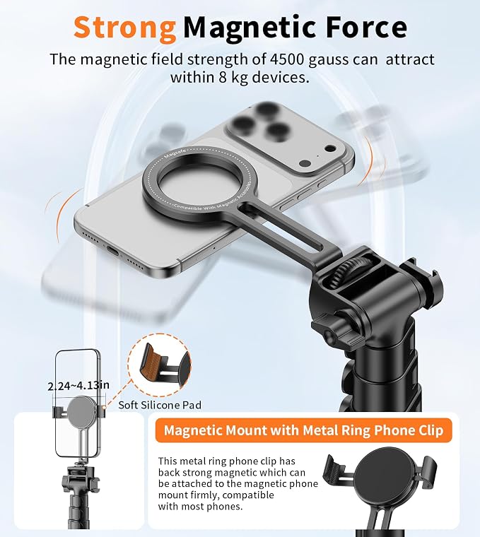 74" Magnetic Phone Tripod with Phone Clip for Magsafe, Camera Tripod | Aluminum Phone Tripod with Remote & Cold Shoe,Camera Stand Tripod for iPhone/Canon/Nikon/DSLR/Digital Camera Accessory Kits - Image 3