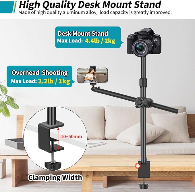 Camera Desk Mount Webcam Stand with Overhead Articulating Magic Boom Arm 1/4" Ball Head for DSLR Tripod, Adjustable Light Stand, Tabletop C Clamp for Ring Light Photo Video Shooting Live Streaming - Image 7