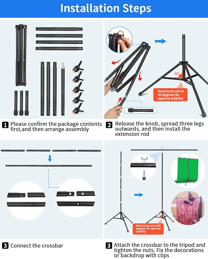Hemmotop T-Shape Photo Backdrop Stand Portable 7x5ft (HxW) | Threaded Connection, Same Pipe Size, Extra Sturdy, with 5 Clips and Carry Bag, for Birthday, Baby Shower Party, Photoshoot - Image 9