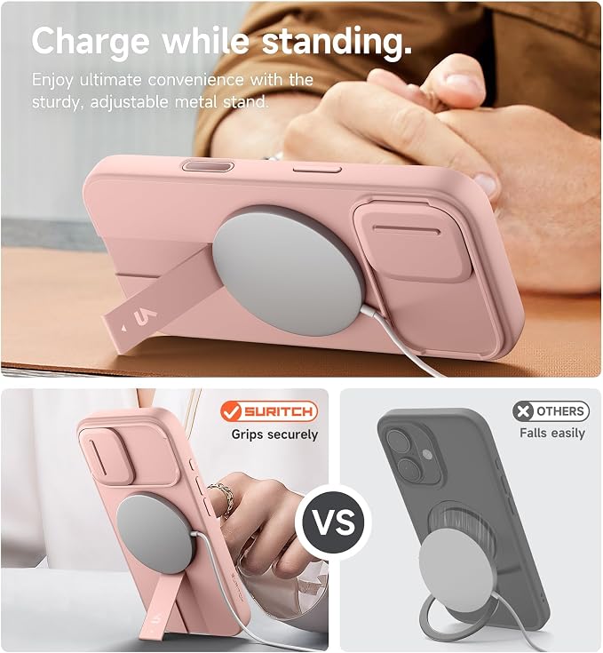 SURITCH for iPhone 17 Case with Camera Control Cover, Camera Slide Cover and Adjustable Kickstand, Compatible with MagSafe, Shockproof Bumper Protective Cases 6.3 Inch, Pink - Image 5