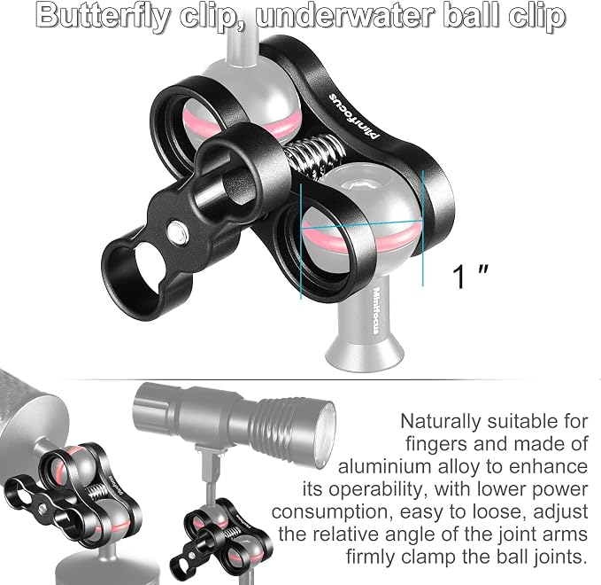 MINIFOCUS 1'' Ball Clamp Mount with Cold Shoe Ball Mount Head Base Adapter Connector for Diving Light Arm Underwater Camera Waterproof Housings Case Video/Flash/Strobe Hot Shoes - Image 3