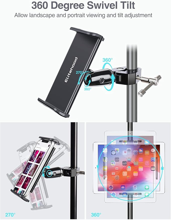 elitehood Metal iPad Holder for Mic Stand, Adjustable Tablet Holder for Mic | Aluminum iPad Mic Stand Holder for Microphone Music Stand, 360° Adjustable iPad Mount for 4.7-13" Tablets and Cell Phones - Image 6