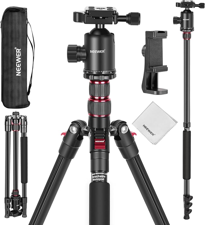 NEEWER 77" Camera Tripod Monopod with Cell Phone Holder Compatible with iPhone for Video Recording, Compact Aluminum Travel Stand with Ball Head QR Plate Bag Cleaning Cloth, Max Load 34lb, TP77 by Neewer