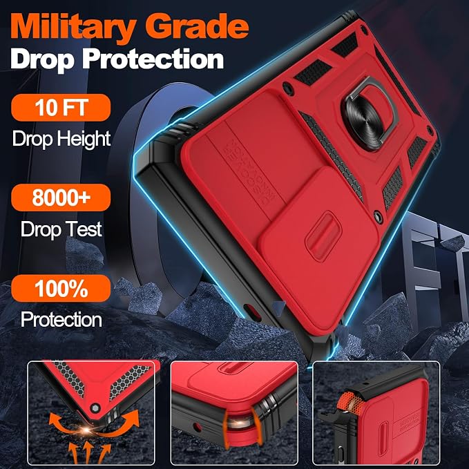 Gritup Fit for Samsung Galaxy S25 Ultra Case with Slide Camera Cover | 2 Pcs Screen Protector, Build in 360° Rotating Ring Kickstand, Military Grade Protective Phone Case, Red+Black - Image 3