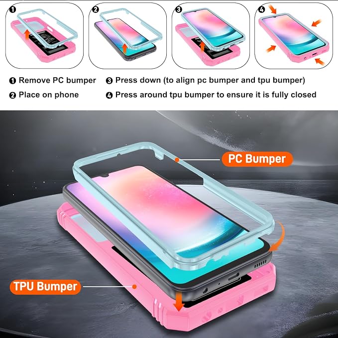 Fit for Samsung A24 Phone Case with 2PCS Screen Protector, Build in 360° Rotating Ring Kickstand, Military Grade Protective Case for Samsung A24 Case Phone, Green+Pink - Image 3