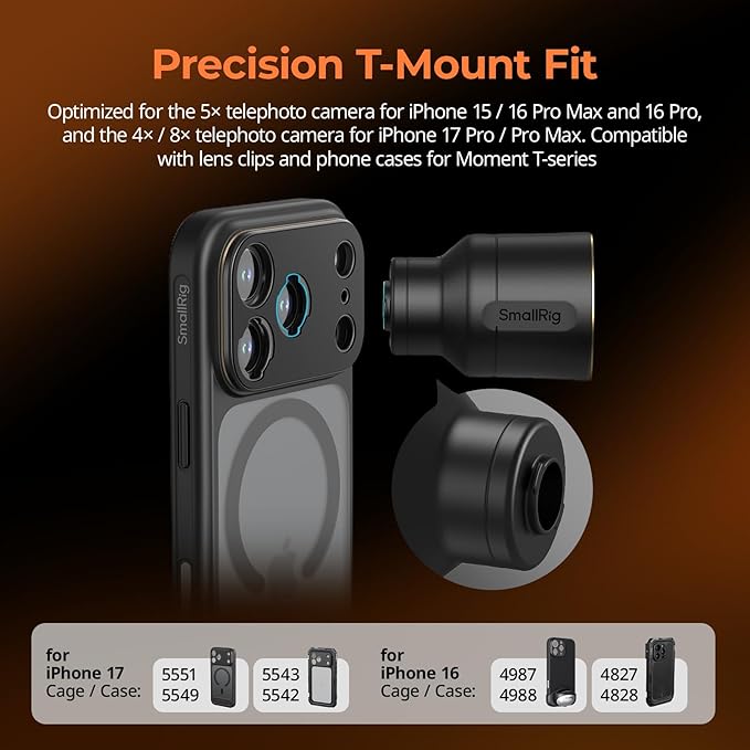 SmallRig 2X Telephoto Lens for iPhone 17/16/15 Pro Max, 2X Magnification HD Lens with T-Mount for Phone Case, Compatible with Smartphone 4x/5x/8x Telephoto Camera - 5920 - Image 5