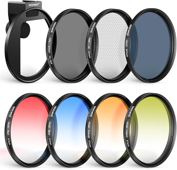NEEWER Clip On 67mm Phone ND Filter Kit with Cold Shoe Lens Clip, CPL/ND32/6 Point Star/4 Graduated Color Filter Compatible with iPhone 17 16 16e 15 Android Samsung Galaxy S25 Ultra S24 by Neewer