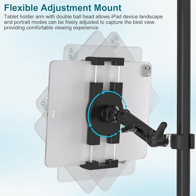 Mippko iPad Holder for Microphone Stand,Mic Music Stand Tablet Holder Mount,360°Adjustment Aluminium Alloy Arm Super Crab Clamp,Compatible with 4.7~12.9 inch iPad/Nexus/LG G Pads/Smartphones - Image 6