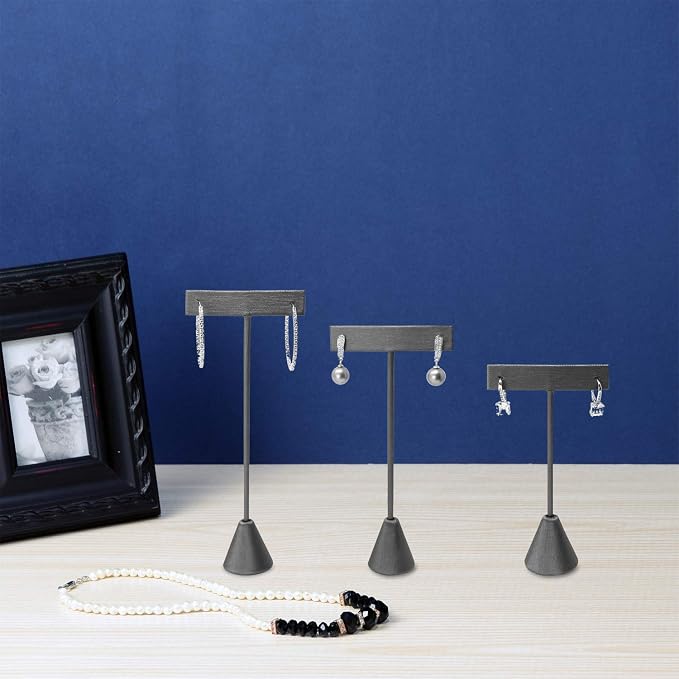 Ikee Design 6Pcs Set Earring Stand Display, 3 sizes, Ht. Faux grey Leather. | MULTI-HEIGHT EARRING DISPLAY: Steel Grey Leatherette with a stable metal base for various earring sizes; 2.5"W x 5.5"H. - Image 7