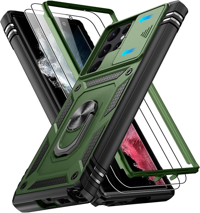 Gritup for Galaxy S22 Ultra Case Military-Grade Shockproof with Kickstand | with 2 PCS Screen Protector, Slide Camera Cover, Heavy Duty Outdoor Protection Funda para Samsung S22 Ultra Cover,Green+Black by Gritup