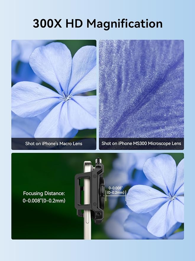 MIAO LAB 300X Phone Microscope Lens, Phone Camera Micro Lens with Universal Clip/LED Light/CPL, Mini Pocket Microscope Attachment for iPhone 17/16/15/14/13 Series and Most Smartphone MS300(300X) - Image 3