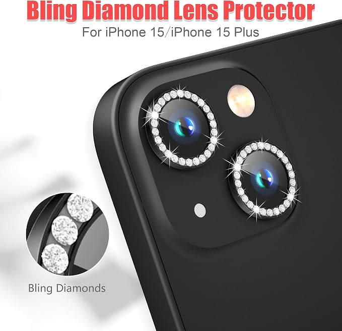 AGVEE 3+3 6 Pack for iPhone 15/15 Plus Camera Lens Protector Cover | Individual Bling Diamond & Bling Glitter Sparkle Cute Gem Metal Ring, 9H Tempered HD Glass - Image 4