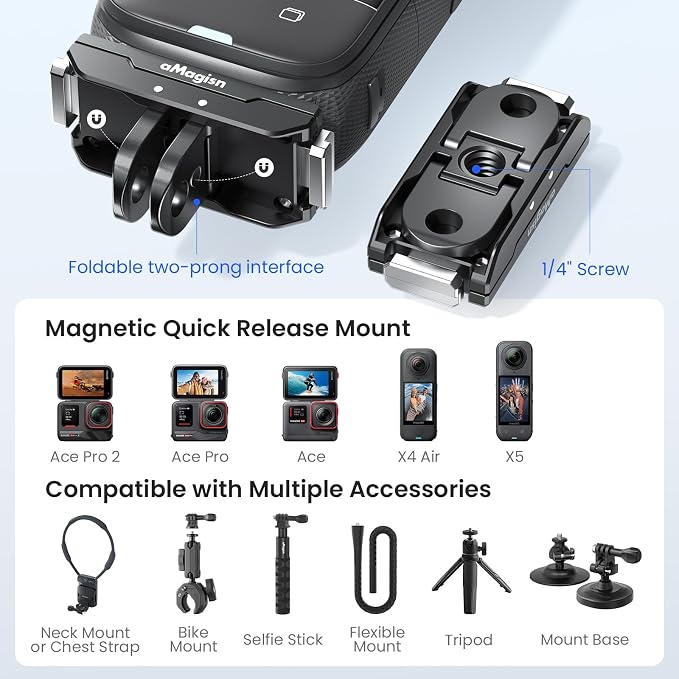 Stainless Steel Magnetic Quick Release Mount for Insta360 Ace Pro 2/X6/X5/X4 Air,Metal QR Adapter Bracket with 2 Prong & 1/4"-20 Thread, Anti-Vibration Silicone Pad for Cycling Skiing Vlog - Image 2