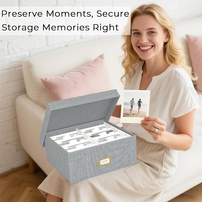 Decorative Photo Storage Box, 2 Pack Linen Photo Box Hold 1700 4x6 Pictures | Photo Storage Containers with 8 Dividers, Memory Keepsake Organizer for Photos, Scrapbook Supplies, Cards, Stamps, Grey - Image 5