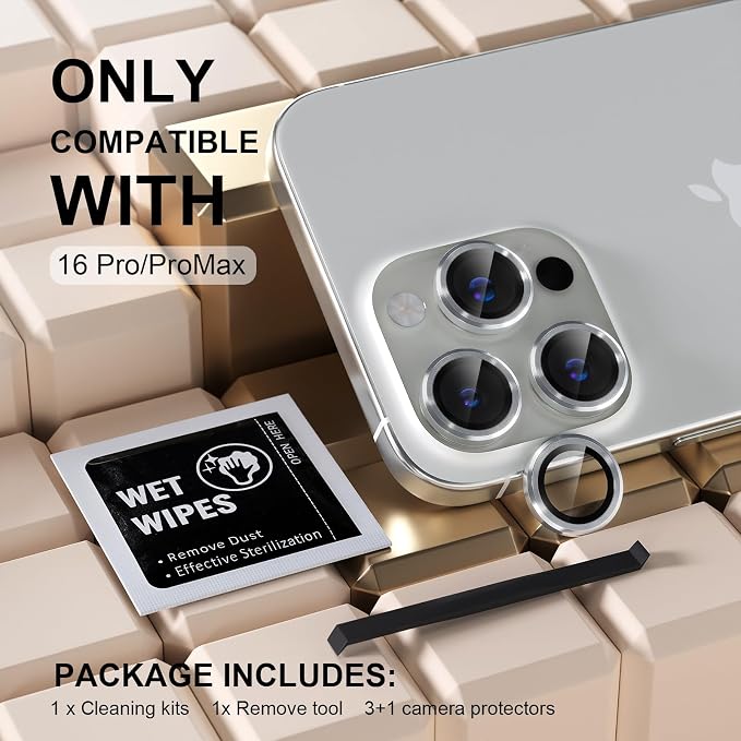Misea Compatible for iPhone 16 Pro/iPhone 16 Pro Max Camera Lens Protector | 9H Tempered Glass Ultra HD Bling Camera Screen Protector Cover Metal Individual Ring Decoration Accessories, Silver - Image 2