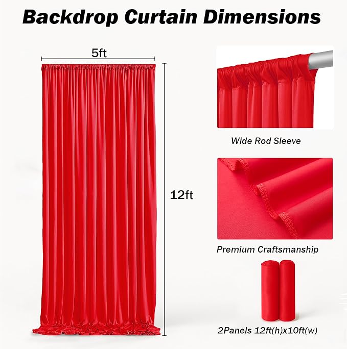 10x12 ft Red Backdrop Curtains for Weddings Parties, Birthdays and Photos | 2 Panels 5x12 ft, Wrinkle-Free Polyester Drapes, Washable, Ironable, 4 in Rod Pocket for Baby Showers Photography Background - Image 9