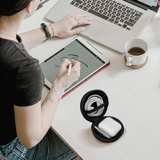 Round Earbud Case Portable EVA Carrying Case Storage Bag Cell Phone Accessories Organizer with Carabiner for Earphone, Earbud, Earpieces, SD Memory Card, Camera Chips,Black - Image 6