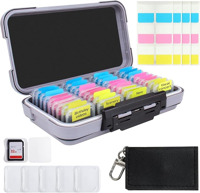 36-Slot SD Card Holder, Memory Card Case with ABS Shell for Camera | SD Card Organizer with 36 Transparent Holders and 60 Writable Labels, Camera Card Storage by Micscrew