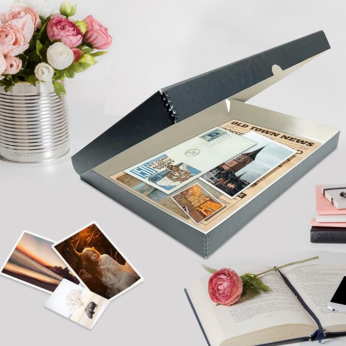 Lineco Clamshell Archival Storage Box, 16.5x20.5x1.75 Inch, Gray | Acid-Free with Metal Edge Boxboard, Organize and Store Photos Documents Cards Negatives Magazine Prints Family Records DIY - Image 7