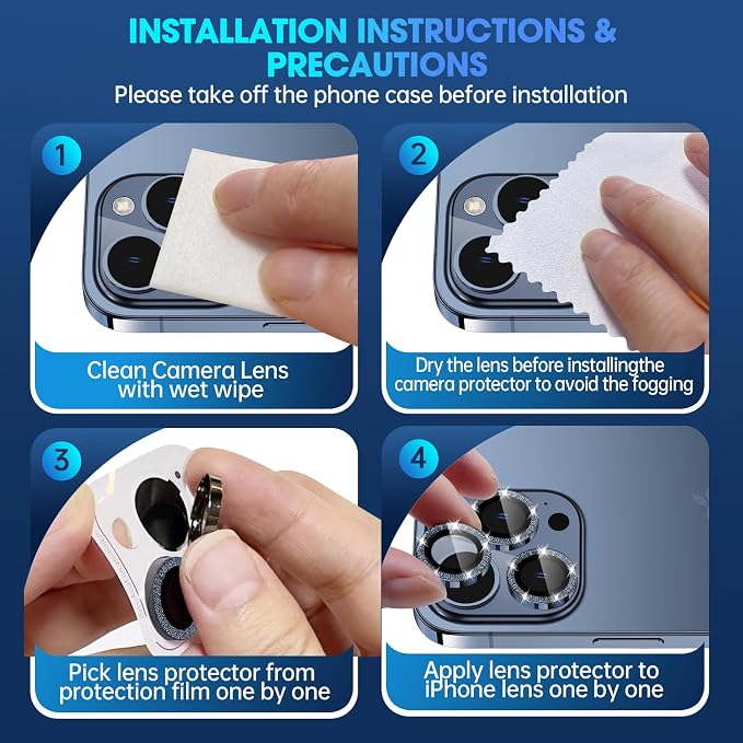 for iPhone 15 Pro/15 Pro Max Camera Lens Protector Glitter, Blue | Individual Metal, 9H Hardness, Scratch Resistant, Shockproof, Drop Protection, Case Friendly, Stylish Accessories - Image 7