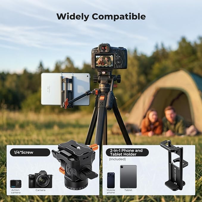 K&F CONCEPT 63" Camera Tripod with Fluid Head | Aluminum Travel Tripod, Smooth Pan/Tilt for DSLR/Mirrorless/Camcorder, Max Load 6.6lb, A305A1+FH-04 - Image 6
