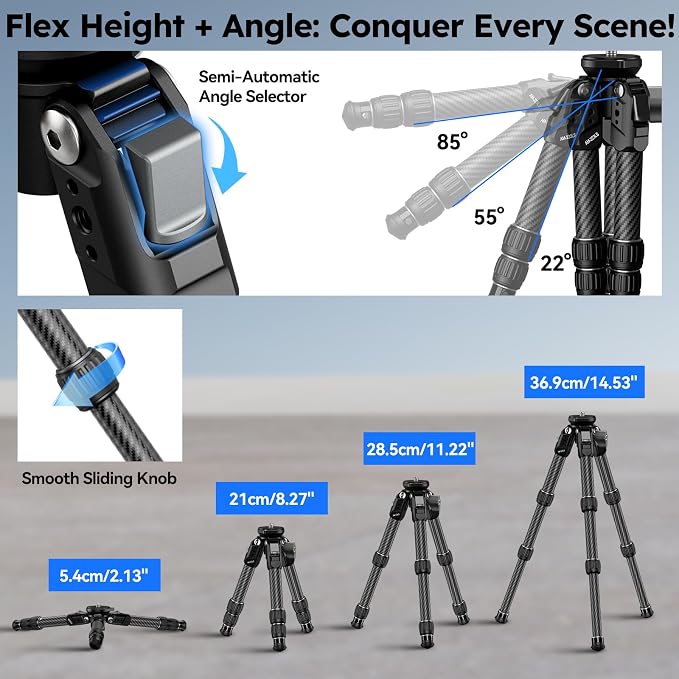 SIRUI AM-223LS Carbon Fiber Mini Tripod, Bowl Base, ±15° Tilt | 33LB Load, 1.63LB Weight, 8.82" Folded, 360° Pan, Camera, Phone, Vlogging, Compact Travel - Image 6