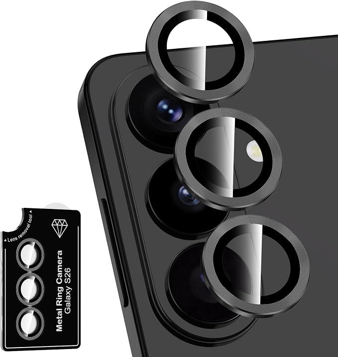 for Samsung Galaxy S26 Camera Lens Protector, Individual Metal Ring Tempered Glass Lens Cover, [Strong Adsorption] Scratch Resistant Ultra-Thin HD Clear Lens Cover, 1 Set-Black by Btscase