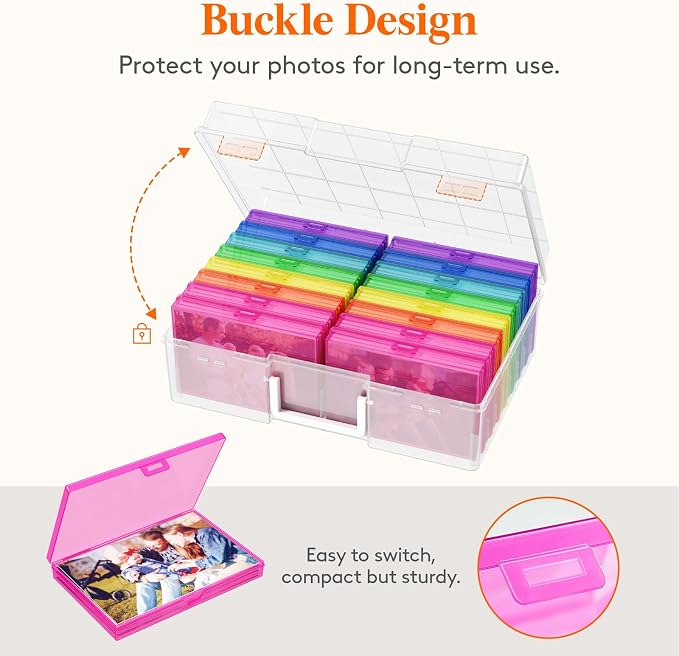 Lifewit 16 Pcs Photo Storage Box for 4"x 6" Pictures, Acid-Free, Multicolor | 1 Pcs Transport Outter Case with Handle& Labels, Container for Cards, Sticker, Seed, Scrapbooking, Craft, Classroom Supplies - Image 6