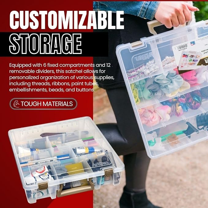 ArtBin 9007AB Super Satchel with Removable Dividers, Portable Art & Craft Organizer with Handle, [1] Plastic Storage Case, Clear | Up to 12 Removable Dividers, 15.25 x 14 x 3.5 Inches, Secure Latches, Carry Handle, Stackable Polypropylene - Image 5