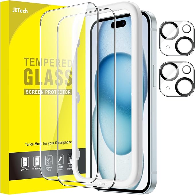 JETech Screen Protector for iPhone 15 Plus, 2+2 Pack | with Camera Lens Protector, HD Clear Tempered Glass, Anti-Scratch Protection, Easy Installation Tool by JETech