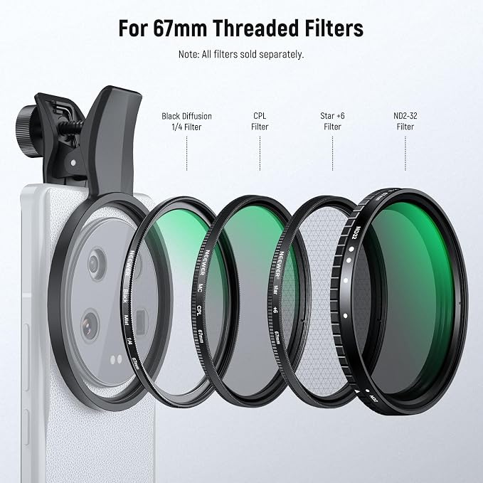 NEEWER 67mm Phone Camera Lens Filter Clamp, Adjustable Threaded Filter Clip Mount with Nonslip Rubber Pads, Compatible with Samsung Galaxy Google Pixel Huawei Xiaomi, LA008 - Image 4