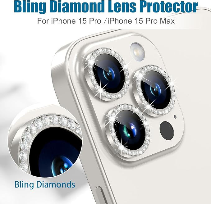 AGVEE 3+3 6 Pack for iPhone 15 Pro & Max Camera Lens Protector Cover | Individual Bling Diamond & Bling Glitter Sparkle Cute Gem Metal Ring, 9H Tempered HD Glass - Image 4