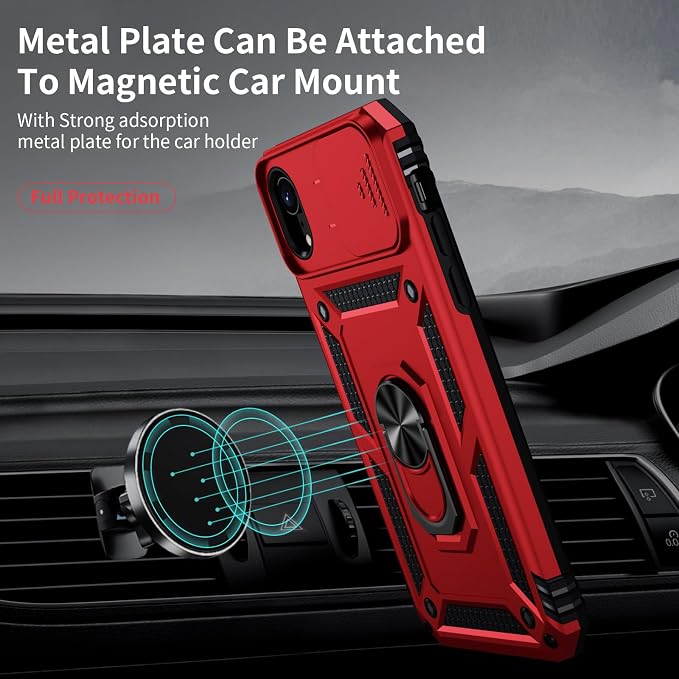 for iPhone XR Case with Camera Lens Cover, HD Screen Protector, 10 FT Military Grade Drop Protection, Magnetic Ring Holder Kickstand Protective Phone Case, Red - Image 2