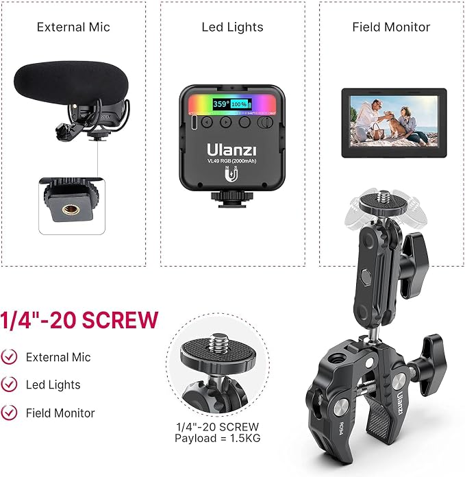 ULANZI Super Clamp Camera Clamp Mount Monitor 360° Ballhead MagicArm Double | Ball Head Adapter with 1/4"-20 & 3/8"-16 Thread ST-07 Phone Tripod Mount - Image 7