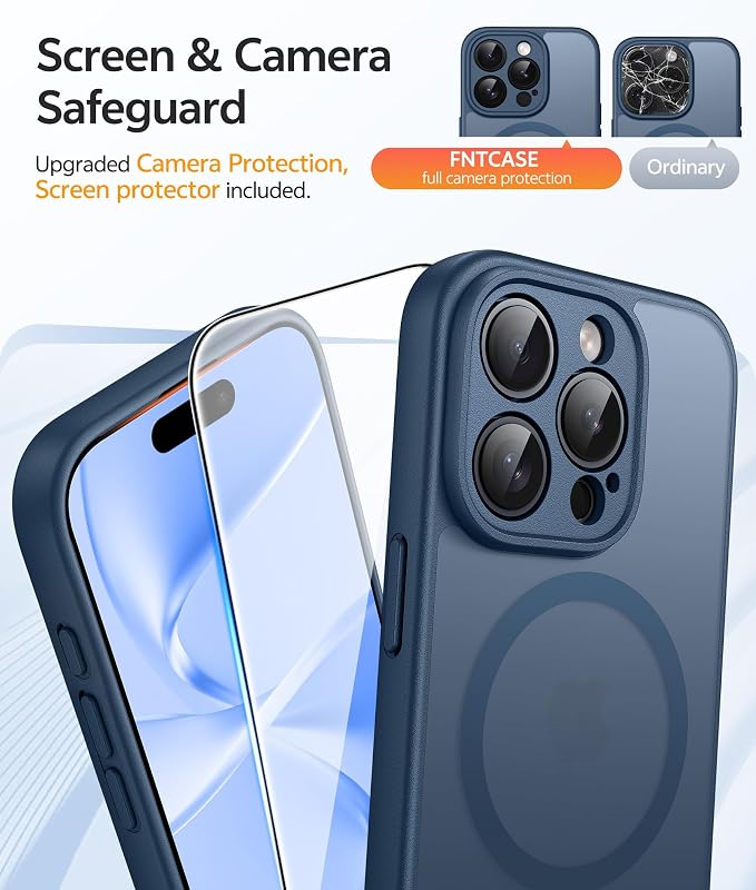 FNTCASE for iPhone 15 Pro Max Case, Fit for Magsafe, Glass Screen Protector | Full Camera Protection, Translucent Matte, 14FT Military Grade Drop Proof, Shockproof Protective Phone Cover, Blue - Image 4