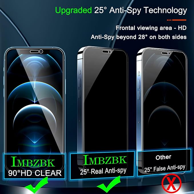 IMBZBK 3 Pack Privacy Screen Protector for iPhone 12 Pro Max,Tempered Glass | 9H+ Hardness, Military Grade Shatterproof, Case Friendly, Bubble Free Easy Installation Frame, with 3 Camera Lens Protectors - Image 2