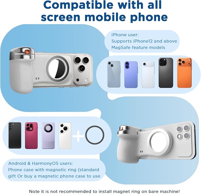 Magnetic Phone Camera Grip, Shutter Grip Handle Holder for iPhone/Android with Detachable Wireless Shutter Remote and Convenient Keychain Hook - Image 7