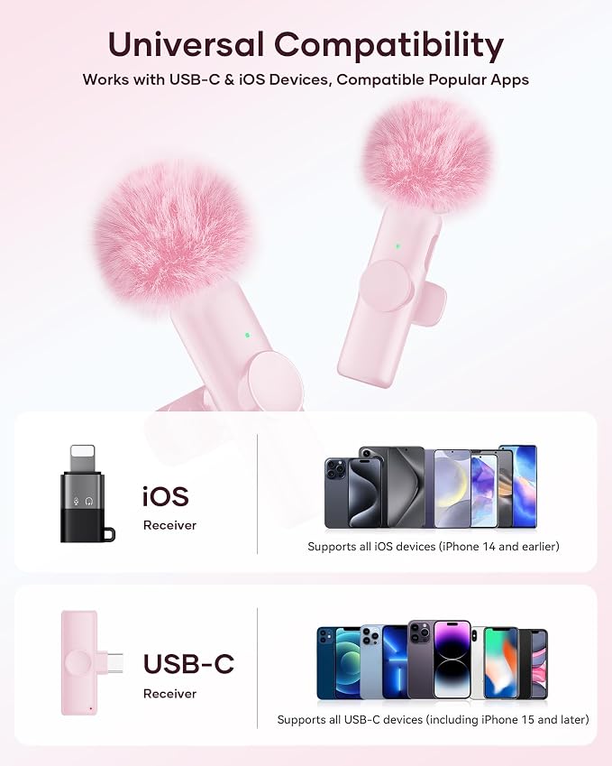 Wireless Microphone for iPhone iPad and Android Phone, 2 Pack Wireless Lavalier Lapel Mic with Noise Reduction, Plug and Play Mini Microphone for Video Recording Interview YouTube TikTok Vlog (Pink) - Image 6