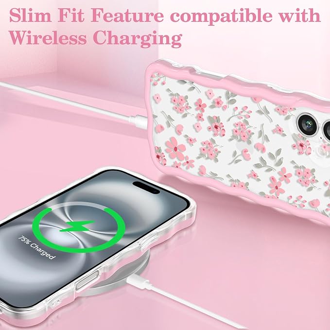 QLTYPRI for iPhone 16 Pink Flower Case, Clear Cute Pink Floral Flower Phone Case Curly Wavy Aesthetic Phone Cover, Soft Slim Transparent TPU Shockproof Protective Cover for Women Girls - Pink - Image 5