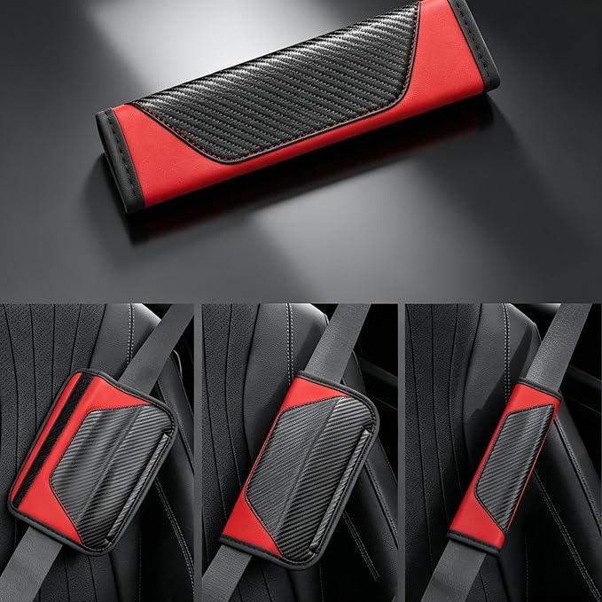 Carbon Fiber PU Leather Seat Belt Covers - 2Pcs, Black and Red Sporty Seat Belt Pads, Universal Fit for Car Truck SUV - Image 9