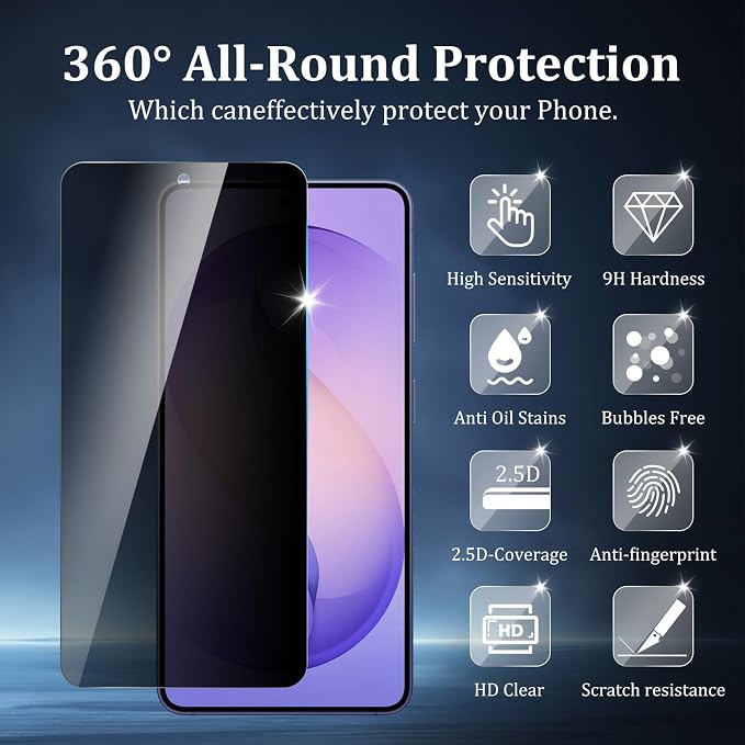 2 Pack Privacy Screen Protector for Samsung Galaxy S26, Tempered Glass Film, 9H Hardness, Anti-Scratch, Premium HD Clarity, Case Friendly, Easy Installation - Image 2