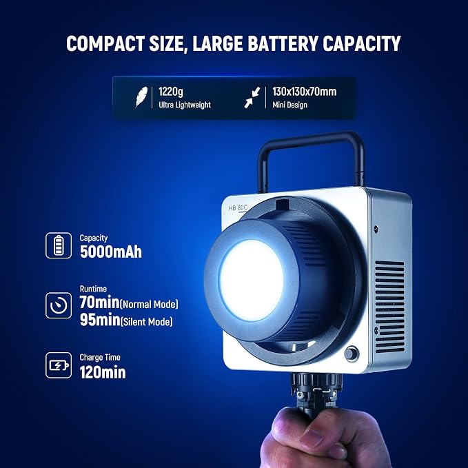 NEEWER HB80C RGBWW LED Video Light with Built-in 72Wh Battery & 100W PD Fast Charging, 80W Mini RGB COB Continuous Output Lighting Bowens Mount Handheld Spotlight 2500K-7500K, 10400lux/m, 18 Effects - Image 5