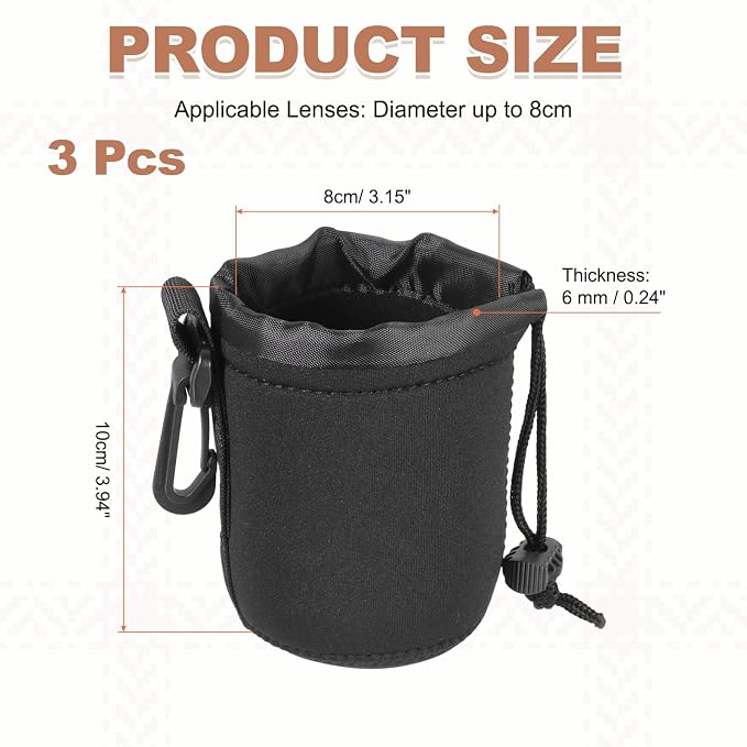 PATIKIL 3 Pcs Camera Lens Pouch, 3" ID x 4" H Drawstring Lens Pouch Protective Camera Lens Case Bag Soft Plush Neoprene Bag for DSLR Photography Gear, Black - Image 2
