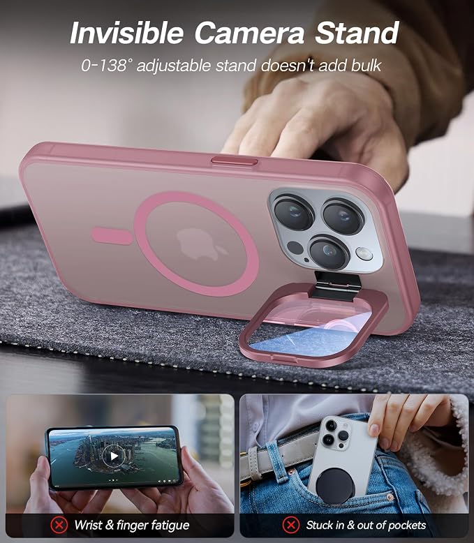 VOFATA for iPhone 13 Pro Max Case with Camera Cover Stand [Built-in 9H Camera Lens Protector][Fit for Magsafe] Military Grade Shockproof Translucent Matte Magnetic Phone Case 6.7",Pink - Image 3