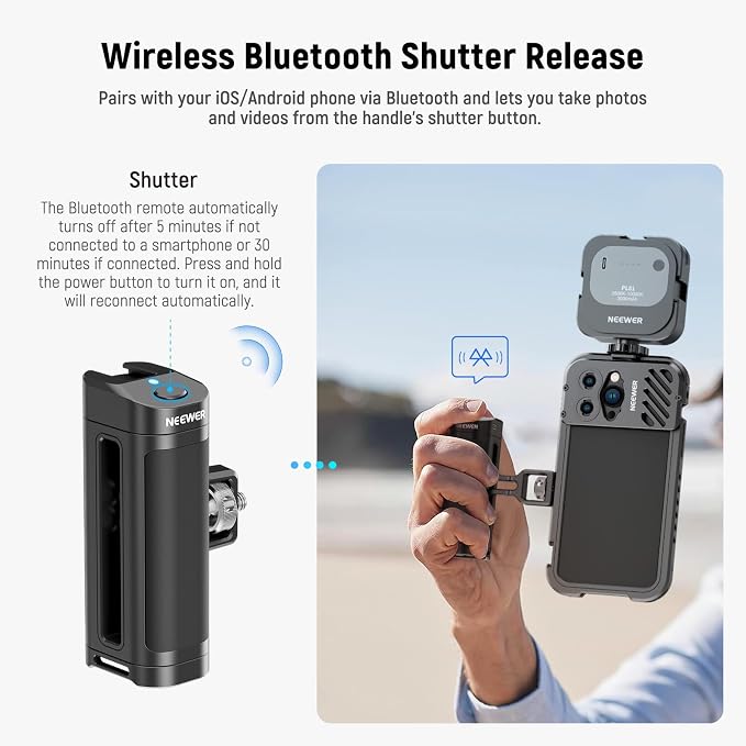 NEEWER Side Handle Grip with Wireless Remote Control Button Shutter Trigger for Smartphone Cage Video Rig, 2 Mount Adapters with 1/4" Screws & Locating Pins, Compatible with SmallRig Cages, PA005E - Image 4