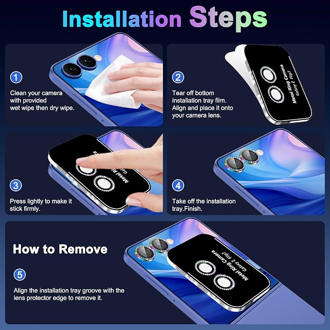 Meshine for Samsung Galaxy Z Flip 7 Camera Lens Protector,Scratch Proof,Strong Adsorption,9H Hardness with Metal Ring Camera Cover,Ultra Thin Case Friendly, Accessories Lens Protector,Shiny Colorful - Image 7