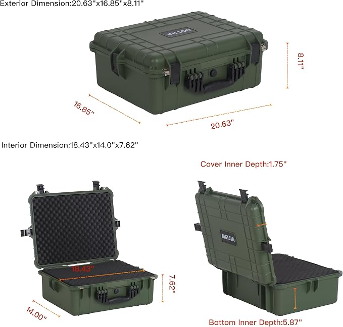 MEIJIA All Weather IP67 Waterproof Hard Camera Case,Hard Protective Case,Hard Case with Customizable Foam,Fit Use of Drones,Camera,Equipments,Pistols(Green,20.62 x16.85x8.11inches) - Image 7