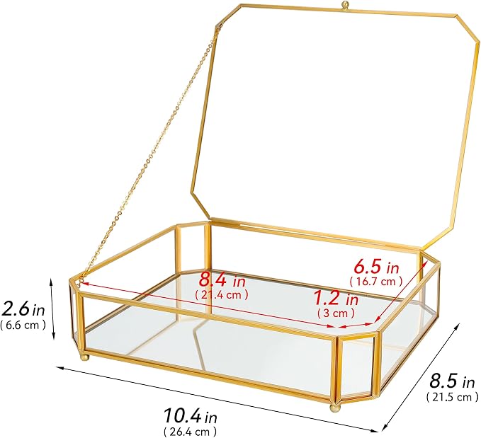 REDHUGO Large Glass Boxes for Display Handmade, Octagon, Gold | Handmade Glass Jewelry Box with Mirrored Bottom and Lid, Ideal for Trinkets, Photos, Keepsakes and Vanity Decor - Image 2